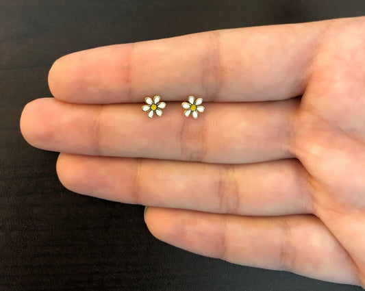 18k Yellow Gold Enamel Flower Push Backs Stud Earrings for Infants Toddlers