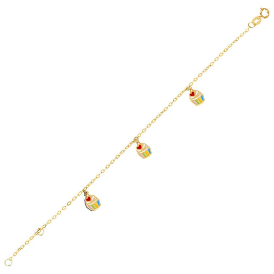 Bracelet 18k Solid Yellow Gold Enamel/Resin Cupcake for Newborn and Babies