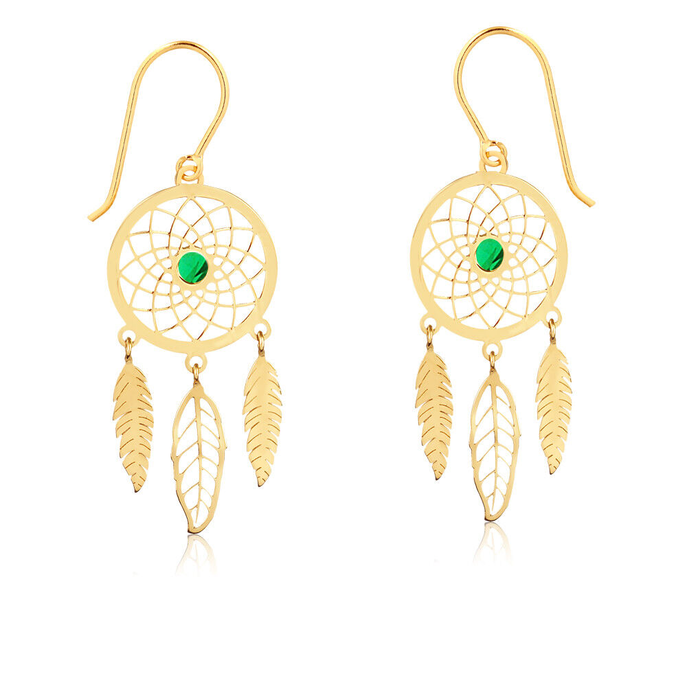 Dream Catcher 18k Yellow Gold Feather Green Zircon Hook Drop Dangle Earrings