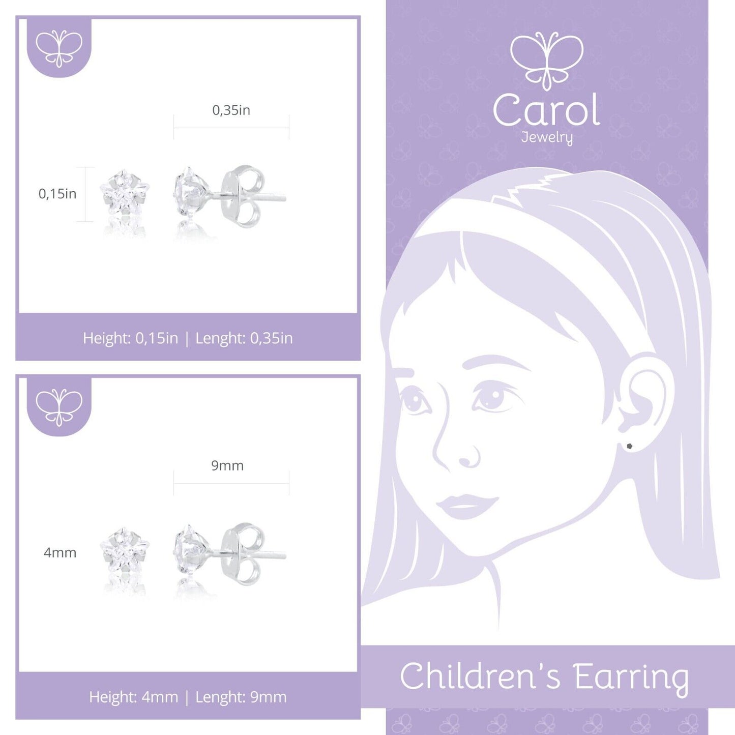 925 Sterling Silver 4 mm Cubic Zircon Star Stud Earrings for Toddlers and Girls