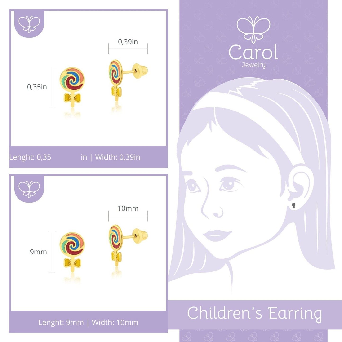 Lollipop 18k Solid Gold Enamel Push Back Stud Earrings for Toddlers Children
