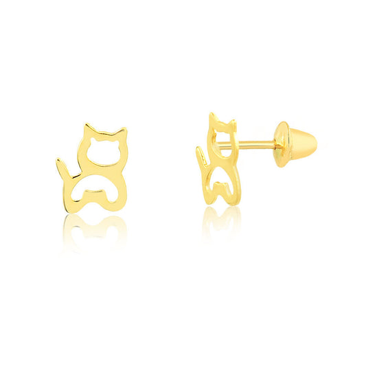 Cat 18k Gold Push Backs Stud Earrings for Little Girls, Toddlers and Infants