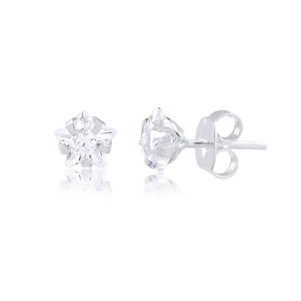 925 Sterling Silver 6 mm Synthetic White Cubic Zircon Star Shaped Butterfly Backs Stud Earrings for Teens and Women