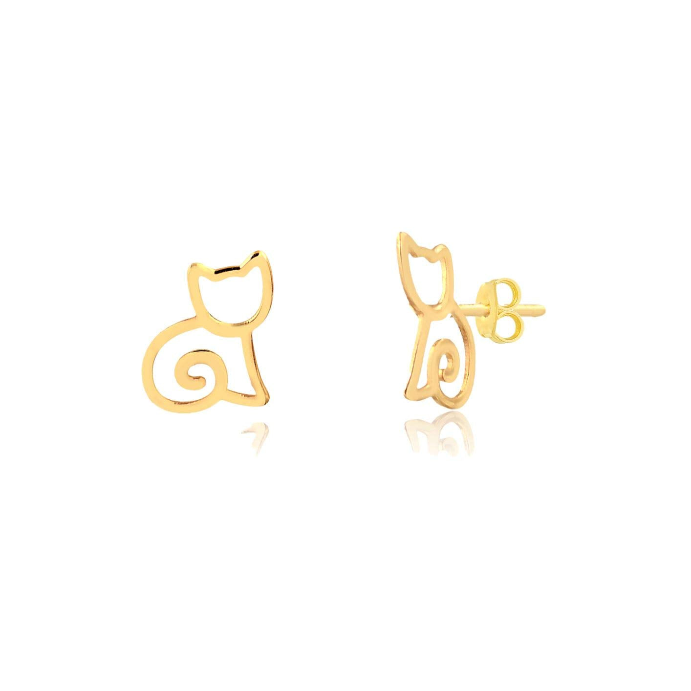 14k Solid Yellow Gold Cat Shaped Butterfly Backs Stud Earrings