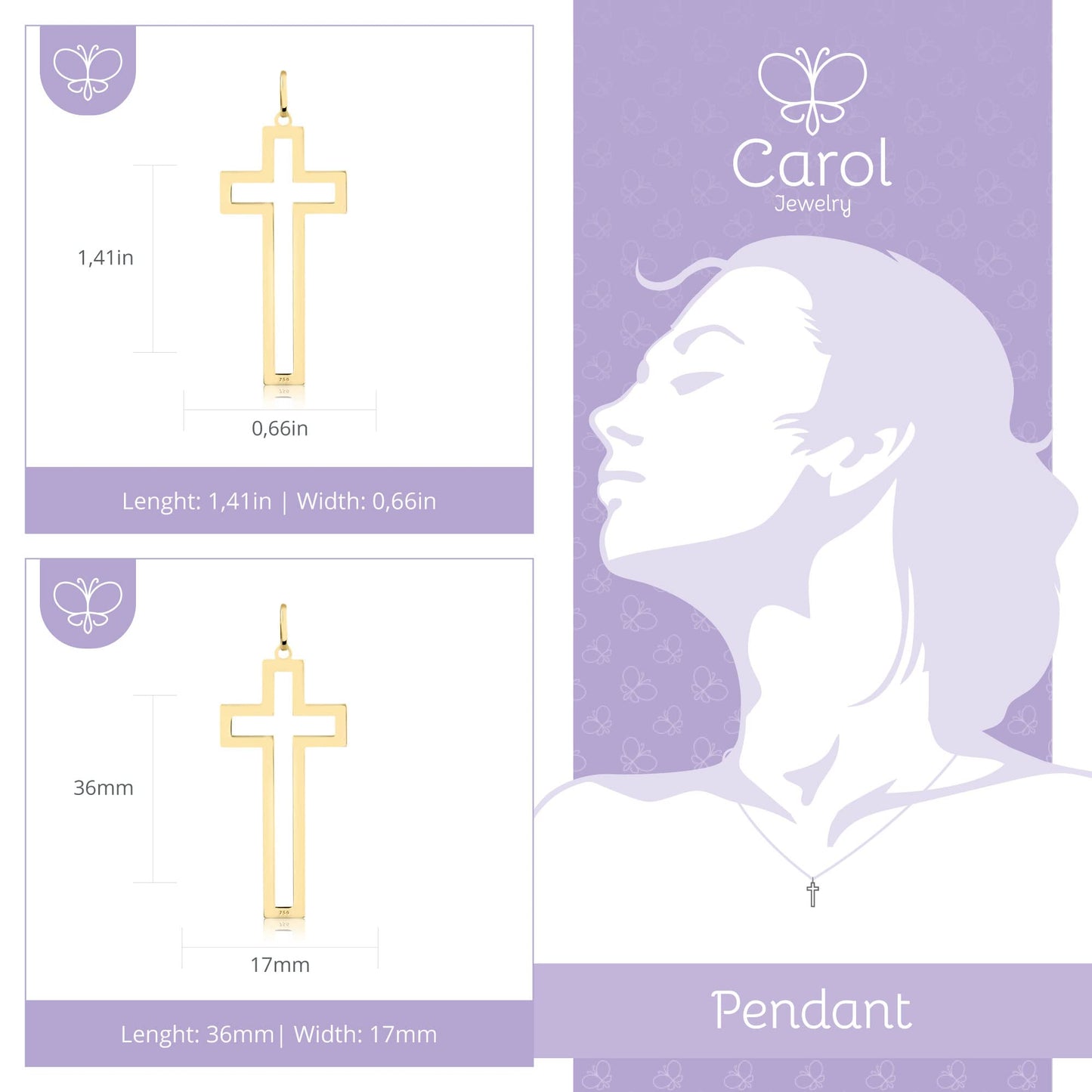 Carol Jewelry 18k Solid Yellow Gold Cross Shaped charm for Chain unissex