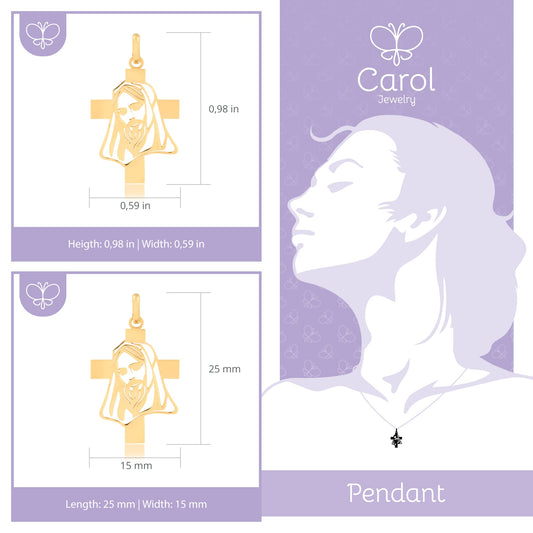 Carol Jewelry 14k Solid Yellow Gold Cross with Jesus Christ Face charm