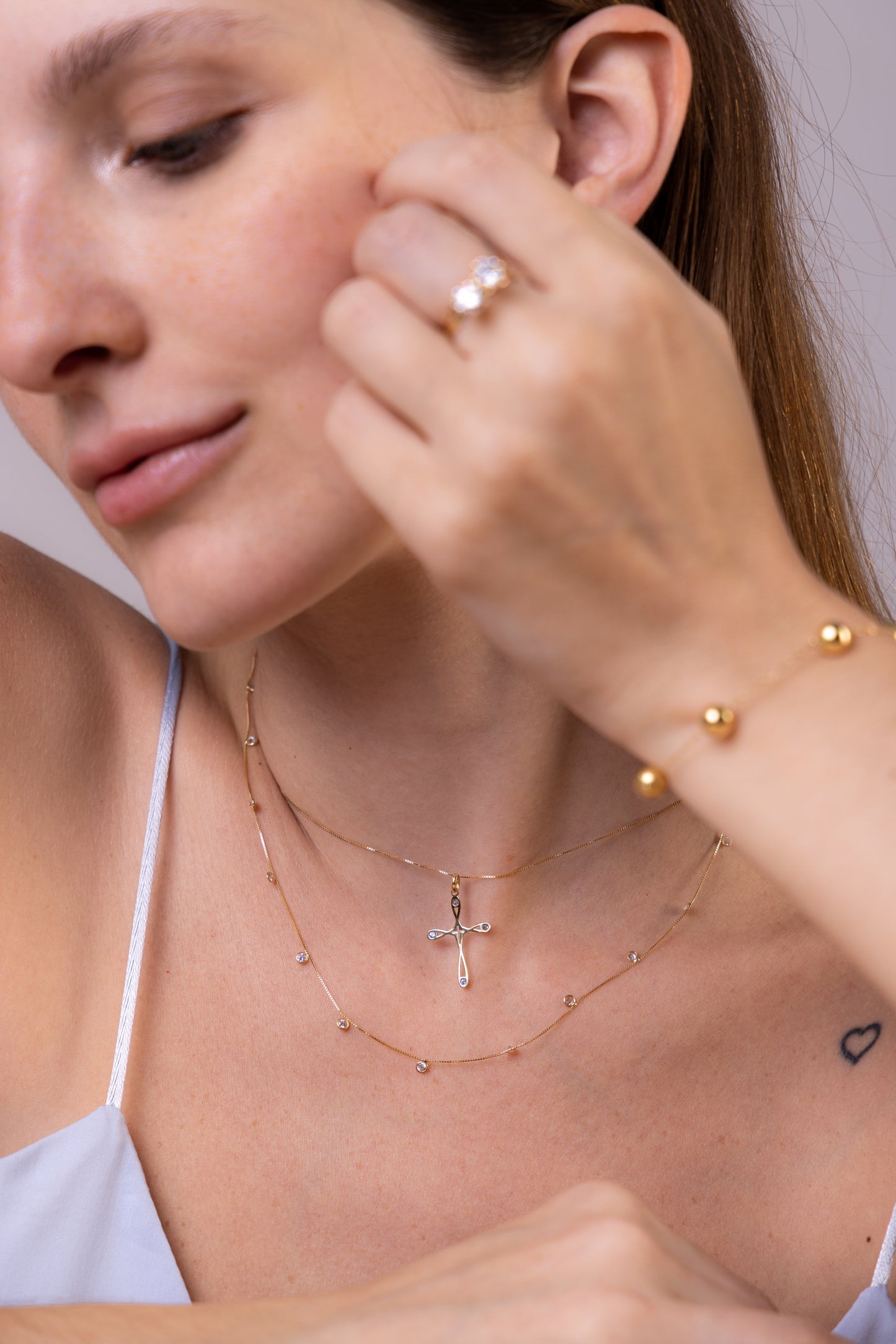 18k Yellow Gold Charm Cross Pendant Blue Cubic Zirconia