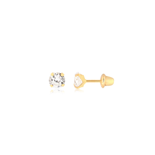 Cubic Zircon 4 mm 18k Solid Gold Push Backs Stud Earrings for Children and Women