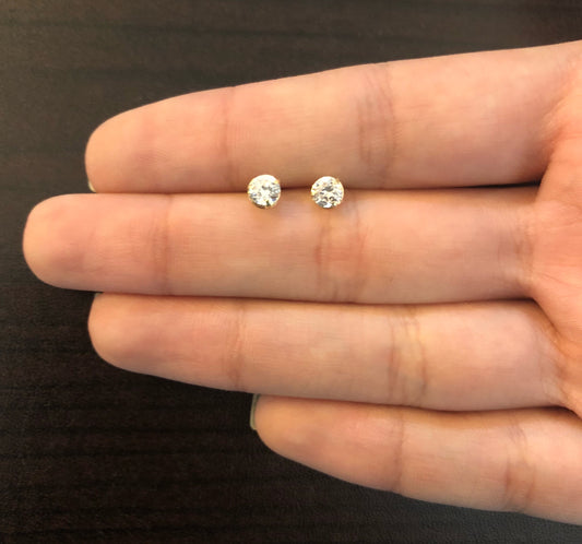 Zircon 4 mm 18k Solid Gold Push Backs Stud Earrings for Toddlers Children Girls