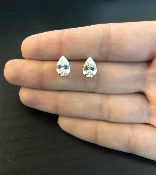 Earrings Cubic Zircon Drop 18k Solid Gold 6.9 mm Push Backs Stud for Women
