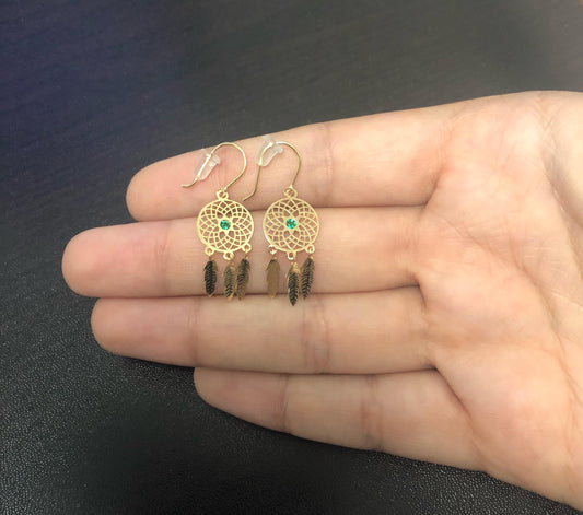 Dream Catcher 18k Yellow Gold Feather Green Zircon Hook Drop Dangle Earrings