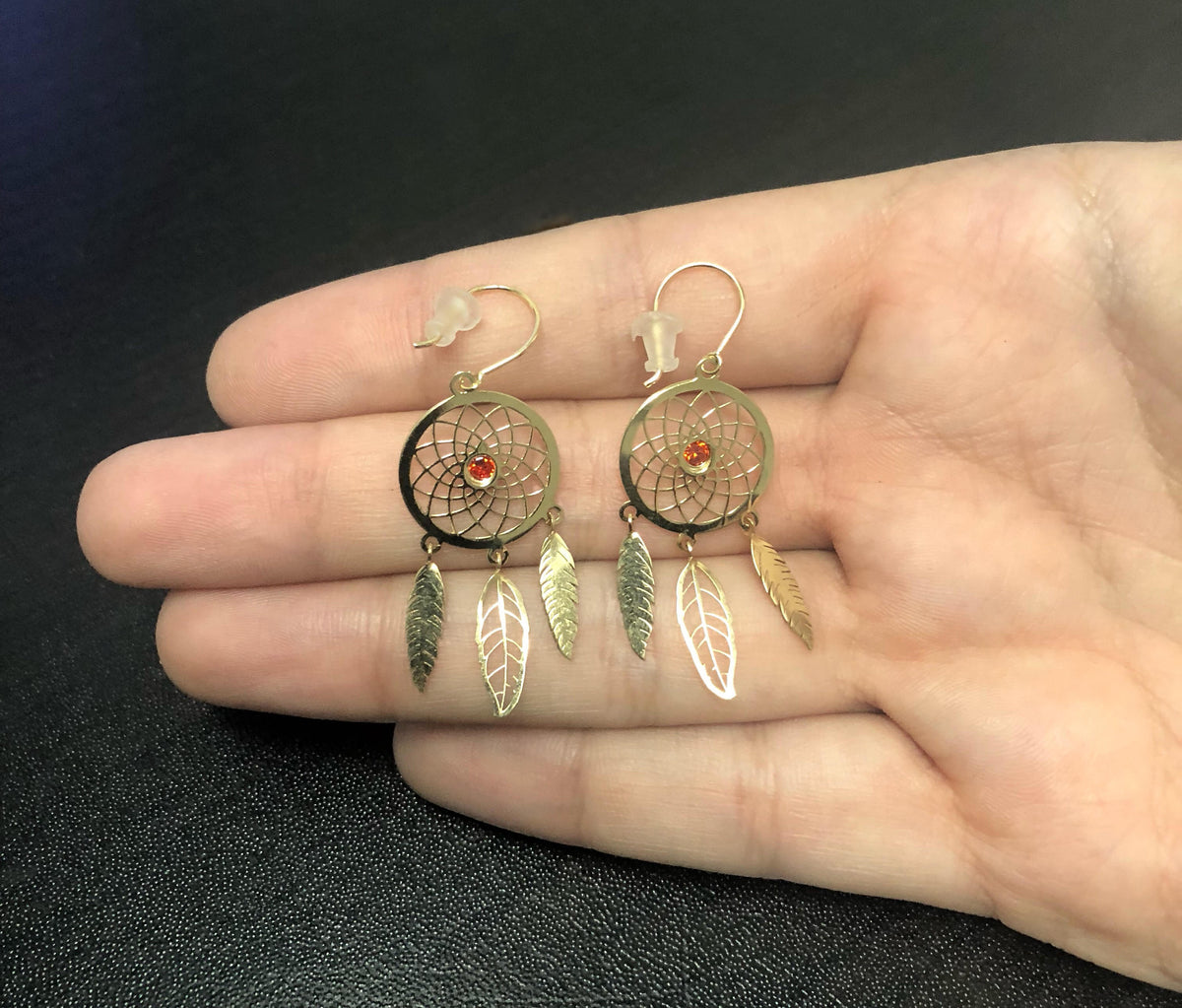 Dream Catcher 18k Yellow Gold Orange Cubic Zircon Hook Drop Dangle Earrings