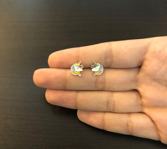 Unicorn 18k Solid Yellow Gold Enamel/Resin Push Backs Stud Earrings