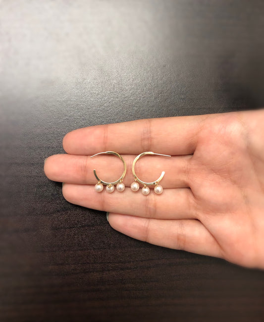 Dangle Cultured White Pearls 18k Solid Yellow Gold Hoop Earrings for Teens Women