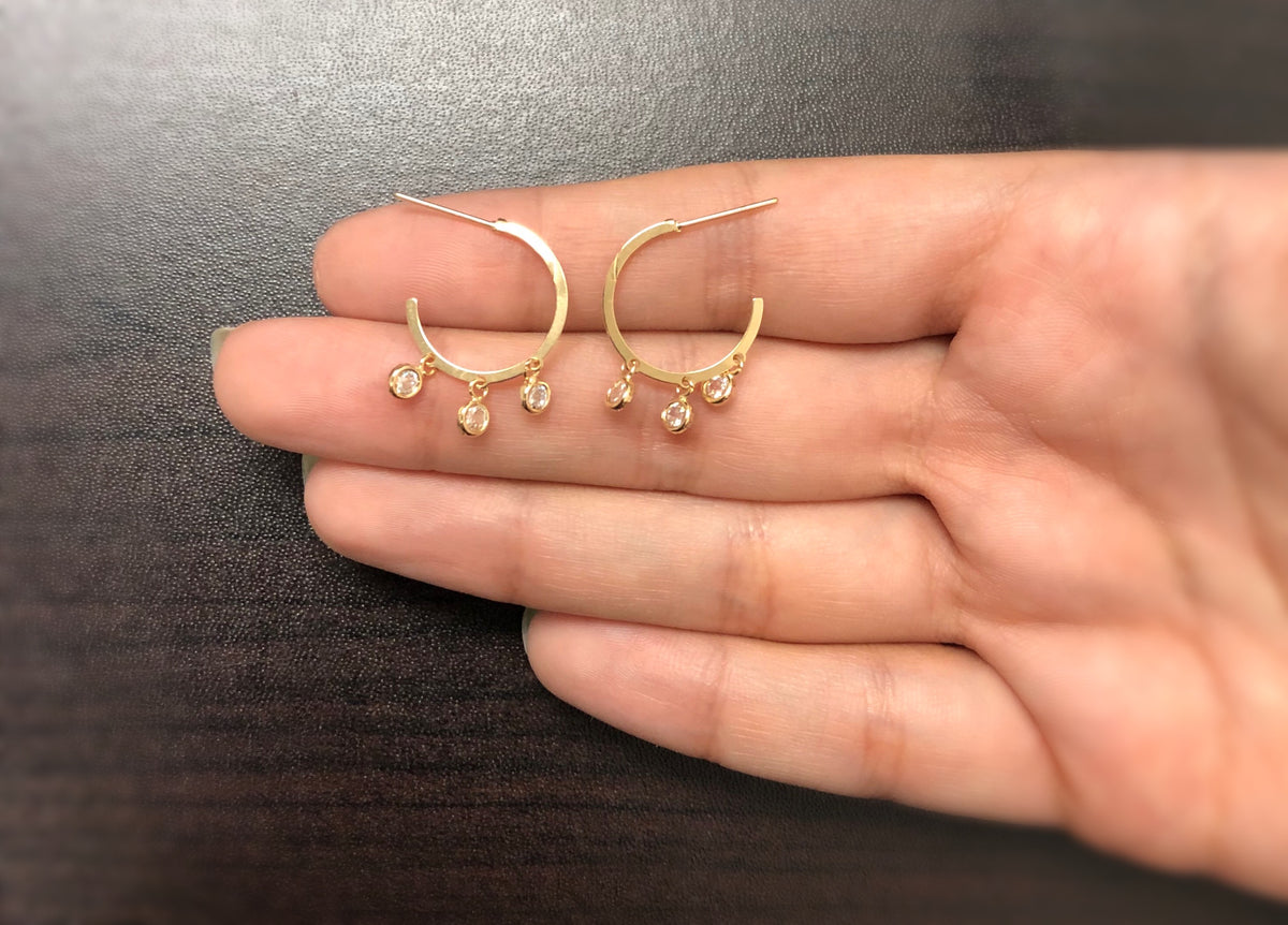 Dangle Synthetic White Zircons 18k Solid Gold Hoop Earrings for Women and Teens