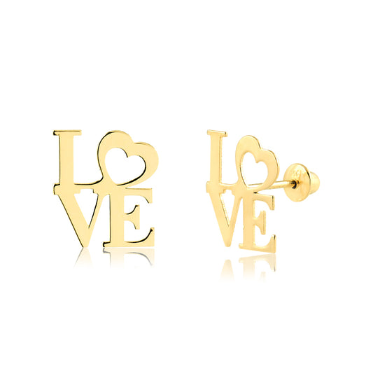 14k Solid Yellow Gold Love Stud Earrings Butterfly Backs
