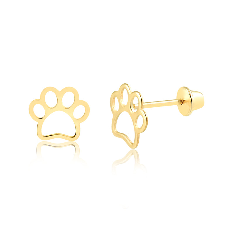 14k Yellow Gold Pet Paw Laser Cut Push Back Earring for Children