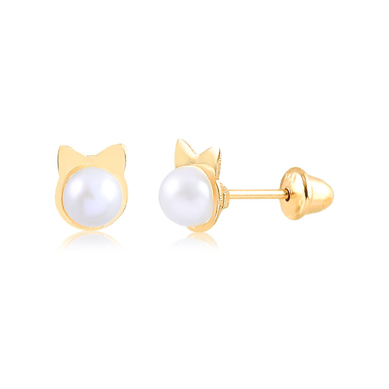 14k Yellow Gold Pearl Cat Face Back Stud Earring Children