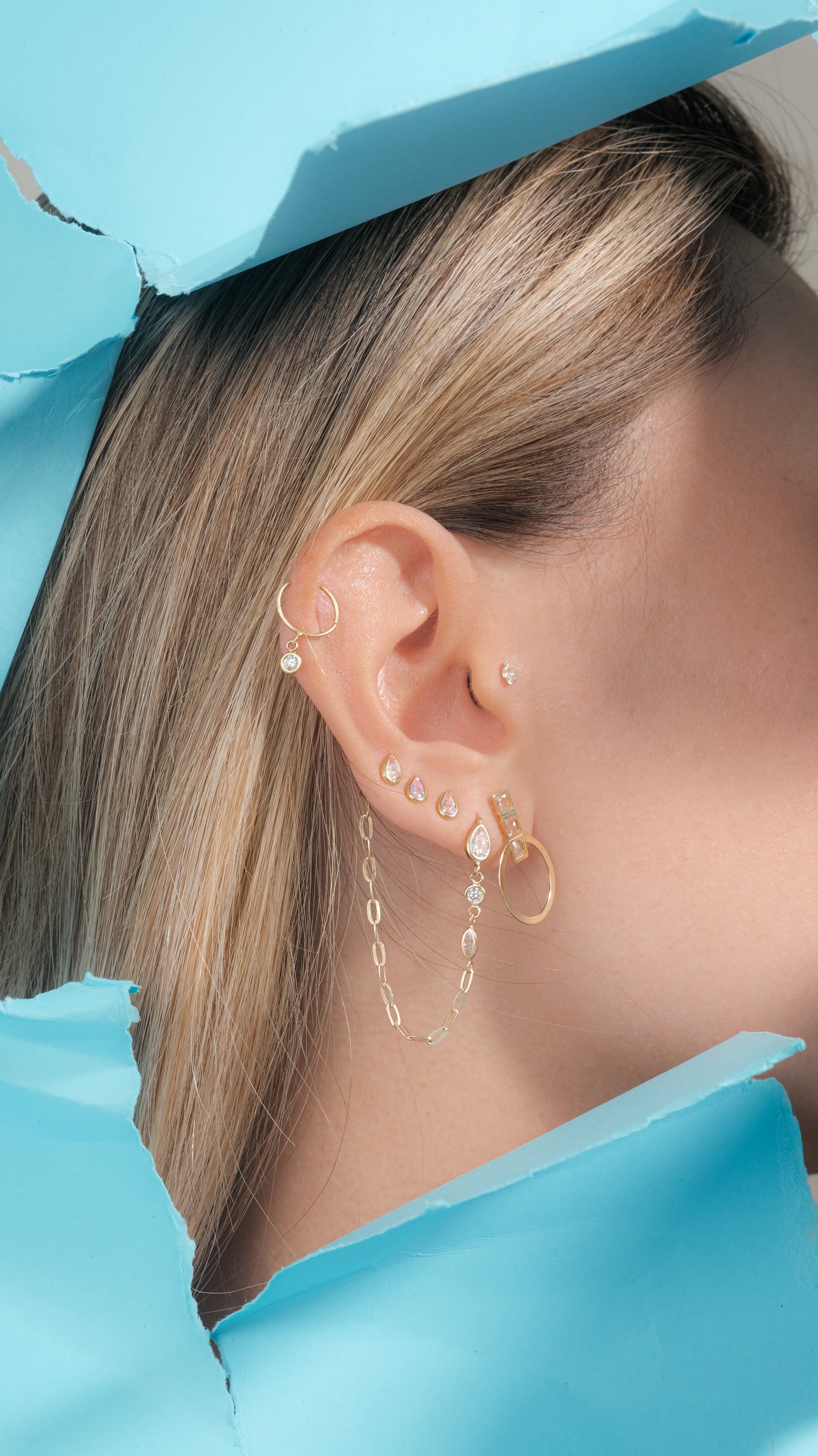 18k Solid Gold Drop Dangle Zircon 3 mm Cartilage Hoop Ring Ear Piercing for Teen