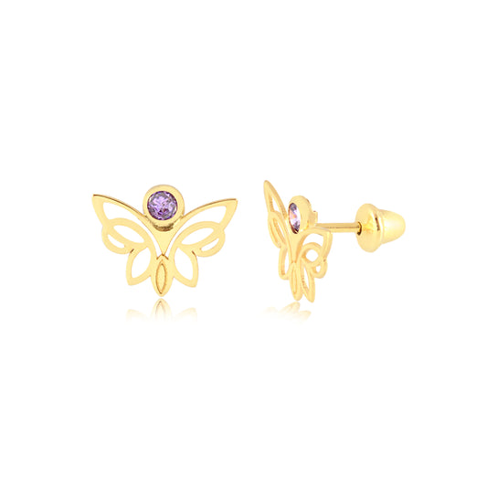 18k Gold Butterfly Earring Purple CZ