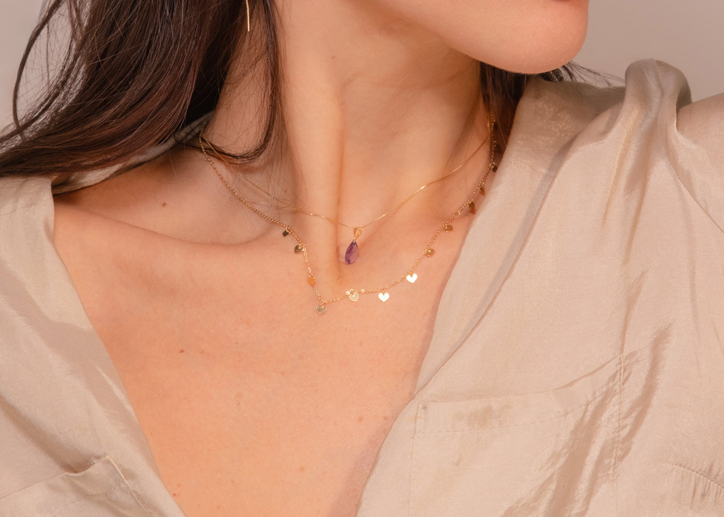 18k Solid Yellow Gold Heart Charm Chain for Teens and Women 43 cm