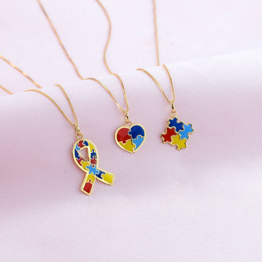 14k Yellow Gold Enamel Autism Heart Pendant