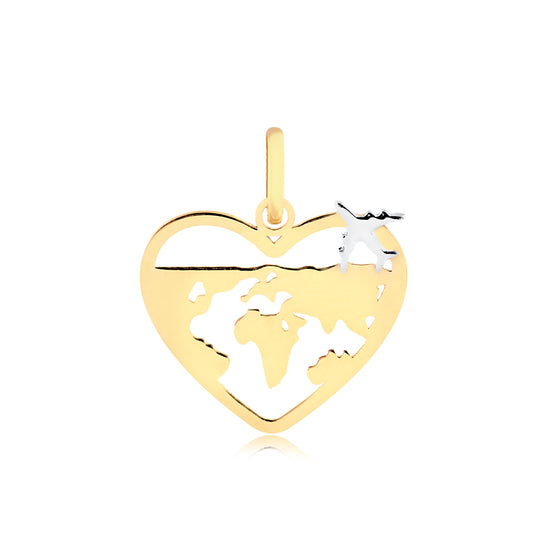 14k Yellow Gold Heart World Map Airplane Charm Necklace