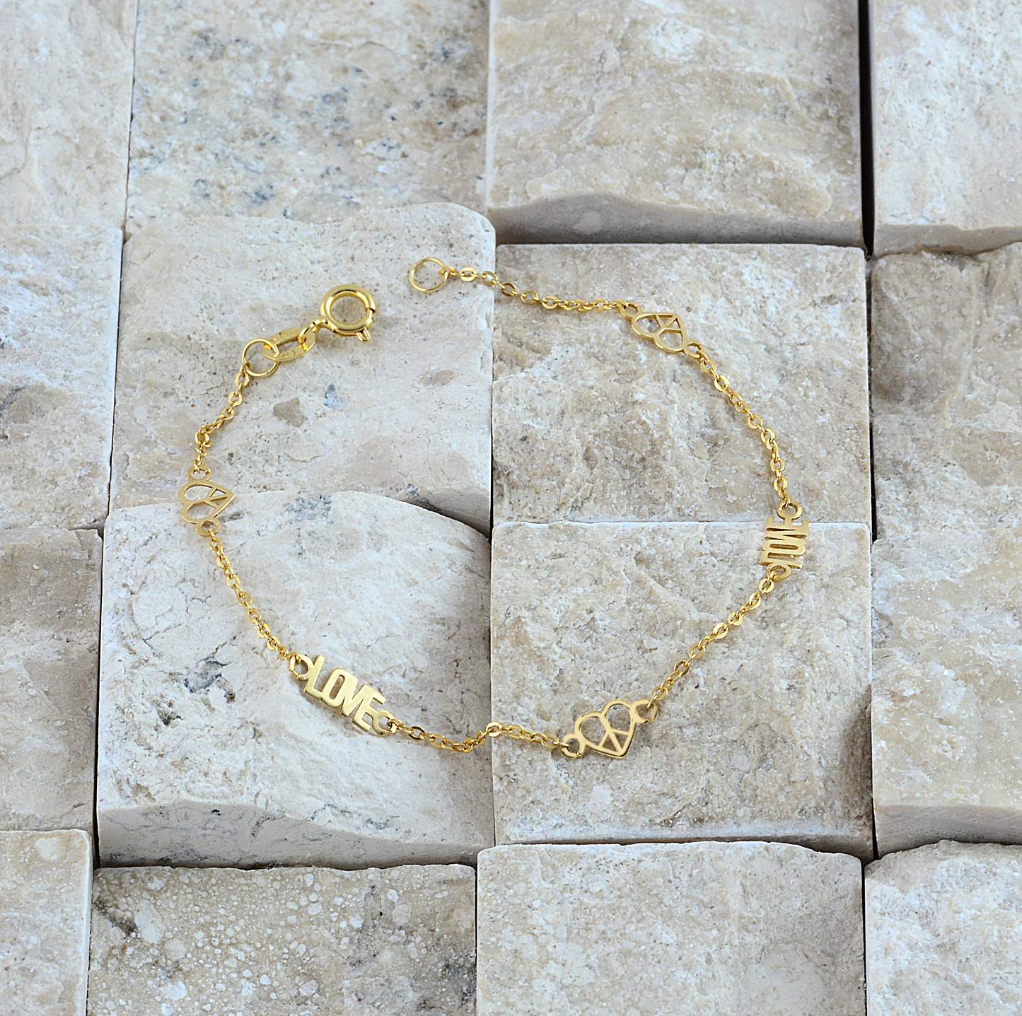 Bracelet 18k Solid Yellow Gold Peace and Love for Women