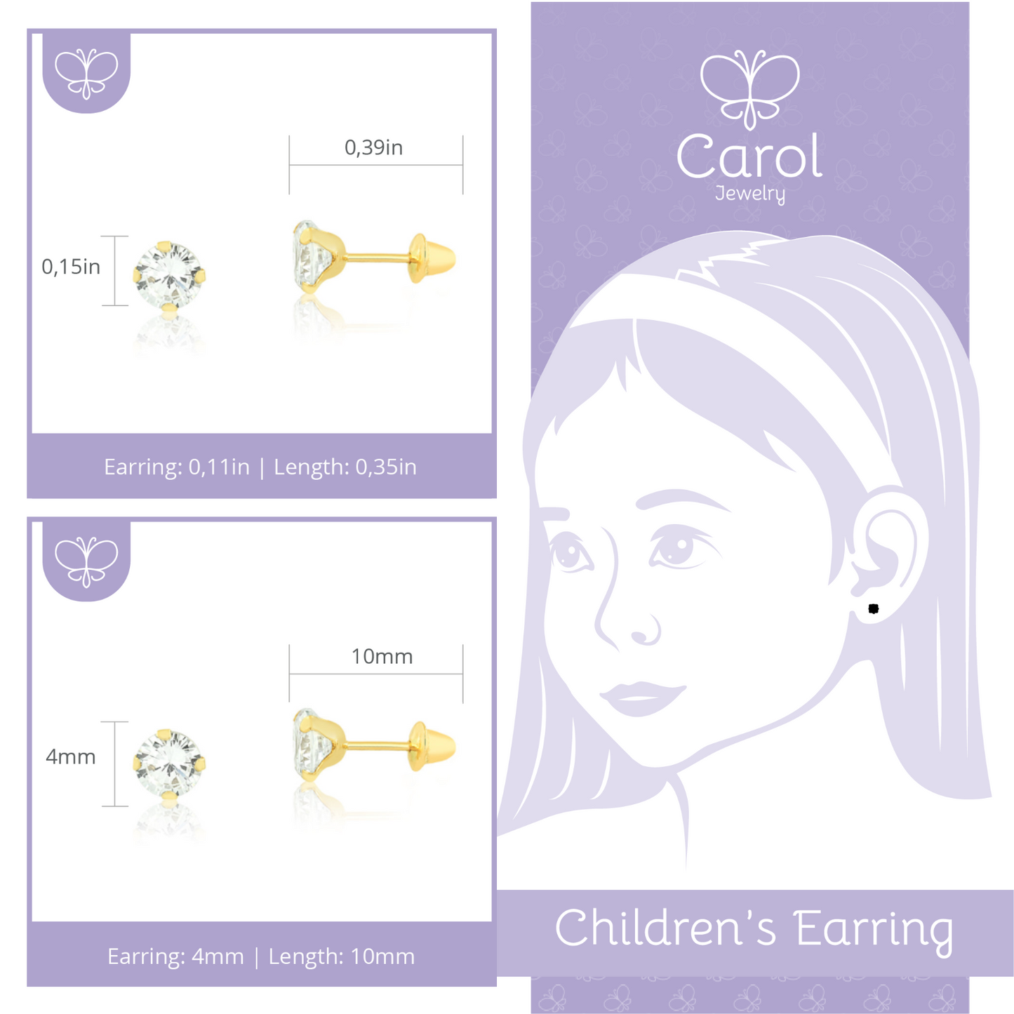 10k Gold Cubic Zirconia  earring 4mm backs studs for woman