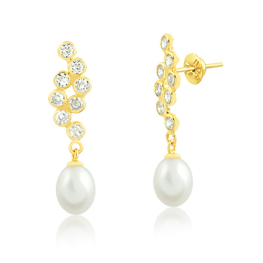 14k Yellow Gold Earring Luxury Freahwater Drop Pearl Bride Cubic Zircon