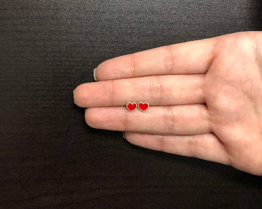 18k Solid Gold Red Enamel Heart Shaped Push Backs Stud Earrings Infants Toddlers