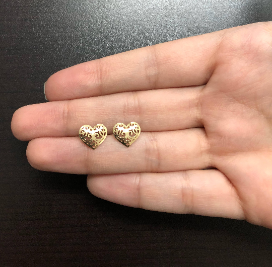 Heart Shaped 18k Solid Yellow Gold Stud Earrings for Girls, Teens and Women