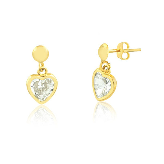 Cubic Zirconia  Heart 18k Solid Yellow Gold Earrings | CZ Drop Heart Stud for Children