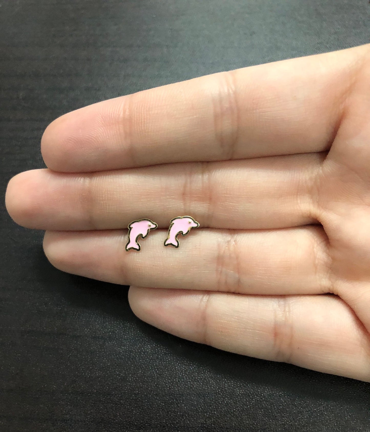 18k Solid Yellow Gold Pink Dolphin Push Backs Stud Earrings for Toddlers and Infants