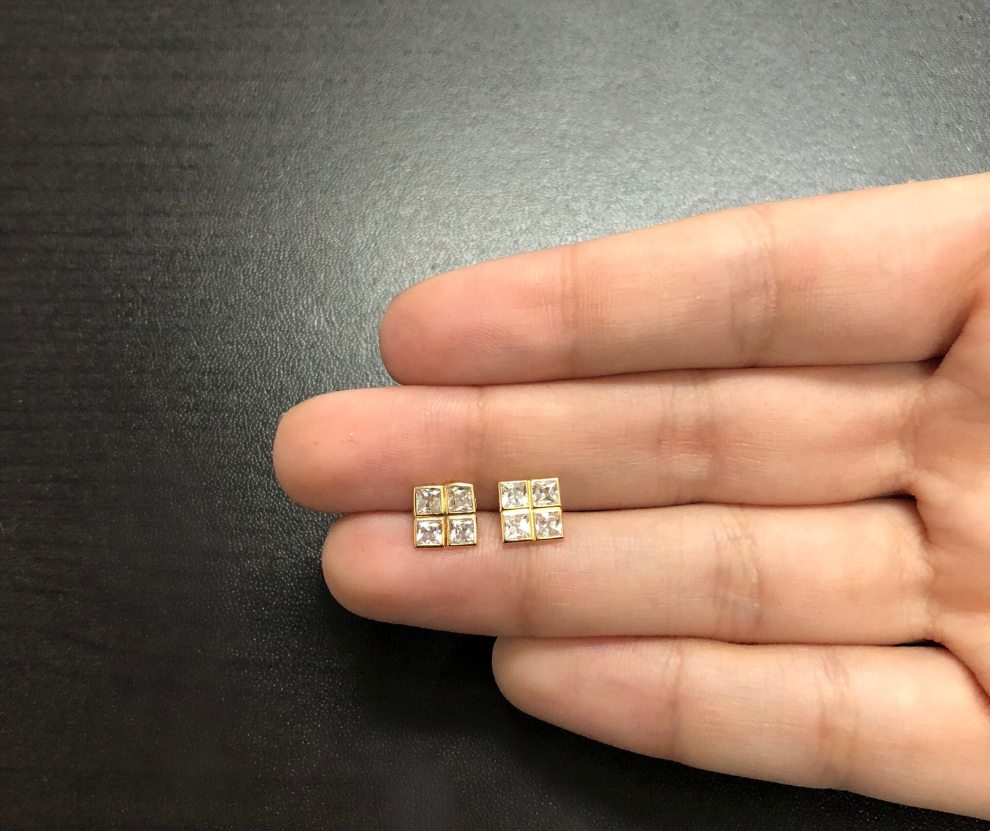Squared CZ 18k Solid Yellow Gold Earrings | Zircon Stud for Girls and Women