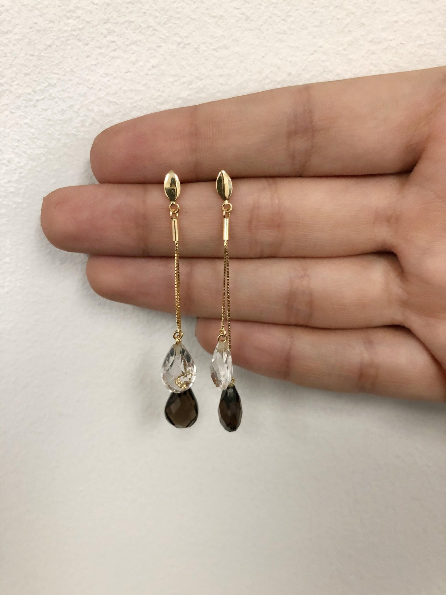 Quartz and Crystal 18k Solid Yellow Gold | Natural Black Drop Dangle Earrings for Women