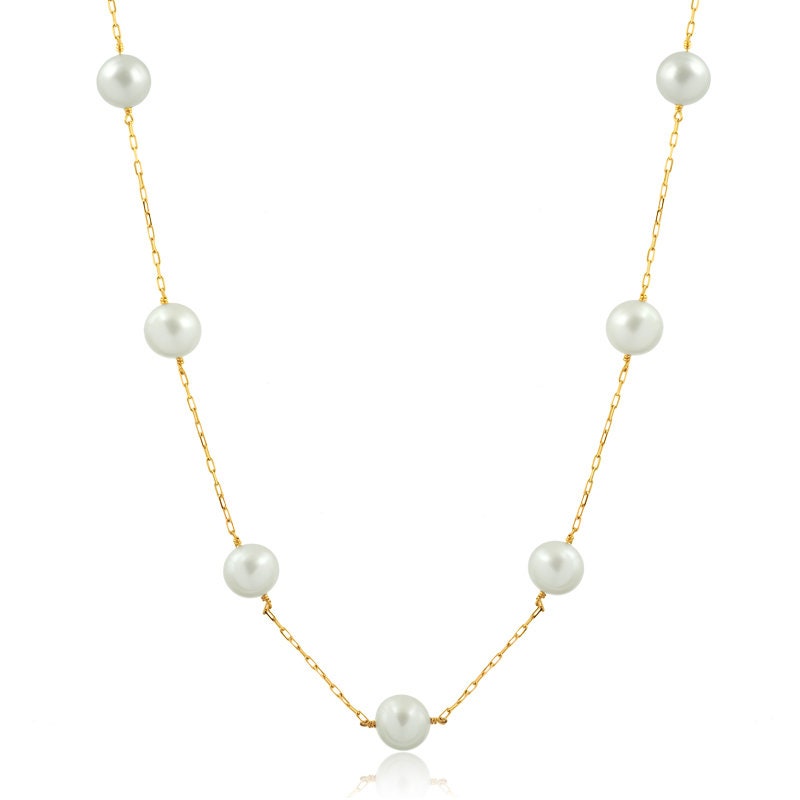 18k Solid Yellow Gold Freshwater White Pearls 6.5 mm Necklace for Women