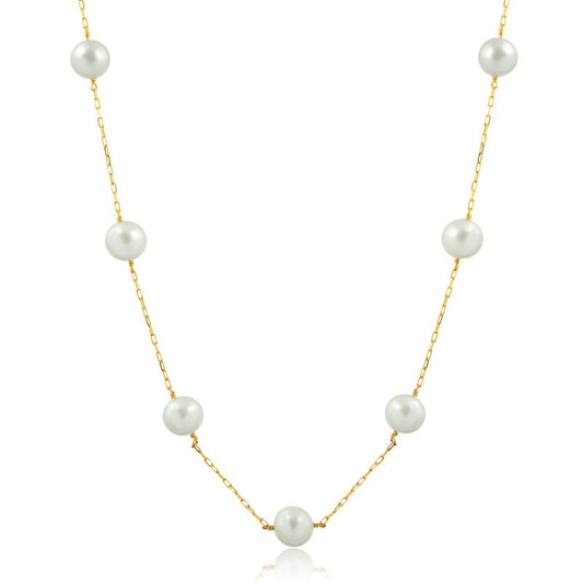 18k Solid Yellow Gold Freshwater White Pearls 6.5 mm Necklace for Women