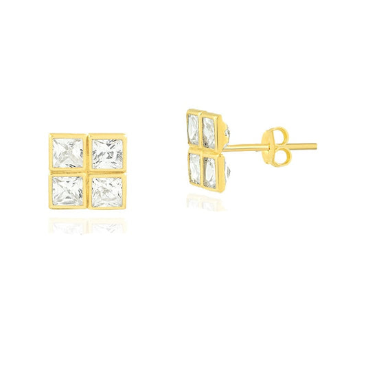 Squared CZ 18k Solid Yellow Gold Earrings | Zircon Stud for Girls and Women