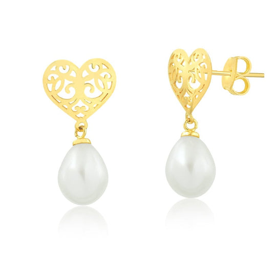 Gift for Her - 18k Solid Yellow Gold Heart Freshwater Pearl 7,5 mm Drop Dangle Earrings for Women - Formal Dress Wedding Earrings