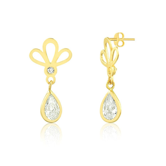Floral Drop Cubic Zirconia CZ 18k Solid Gold | Butterfly Back Stud Earrings for Girls and Women