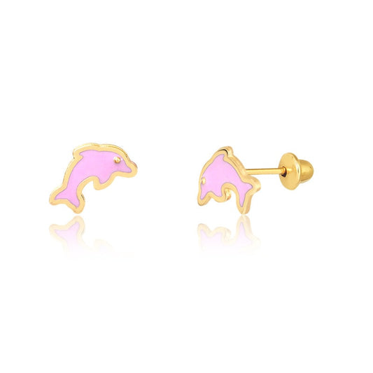 18k Solid Yellow Gold Pink Dolphin Push Backs Stud Earrings for Toddlers and Infants