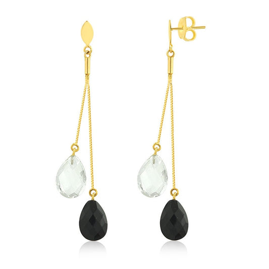 Quartz and Crystal 18k Solid Yellow Gold | Natural Black Drop Dangle Earrings for Women