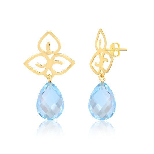 Topaz 18k Solid Yellow Gold | Triple Heart Natural Gemstone Drop Dangle Earrings for Women