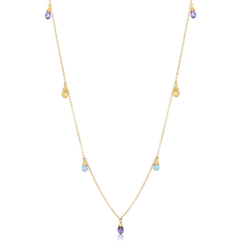 18k Solid Yellow Gold Colorful Natural Stones Necklace for Women 60 cm