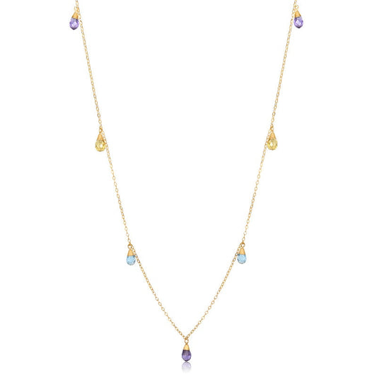 18k Solid Yellow Gold Colorful Natural Stones Necklace for Women 60 cm