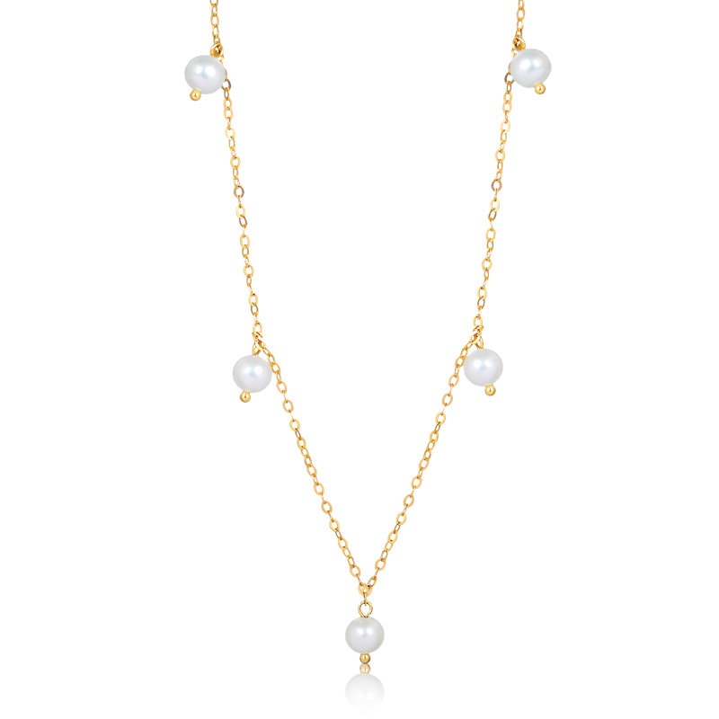 18k Solid Yellow Gold Freshwater White Pearls 5 mm Necklace for Women