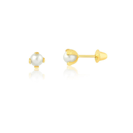 18k Solid Yellow Gold Freshwater Pearl 3 mm Push Backs Stud Earrings for Babies, Infants and Toddlers