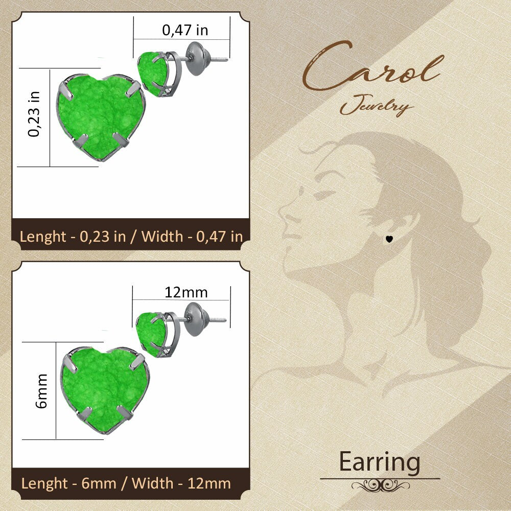 Natural Green Jade Stone Heart Shaped 18k Black Rhodium | Push Backs Stud for Teens and Women