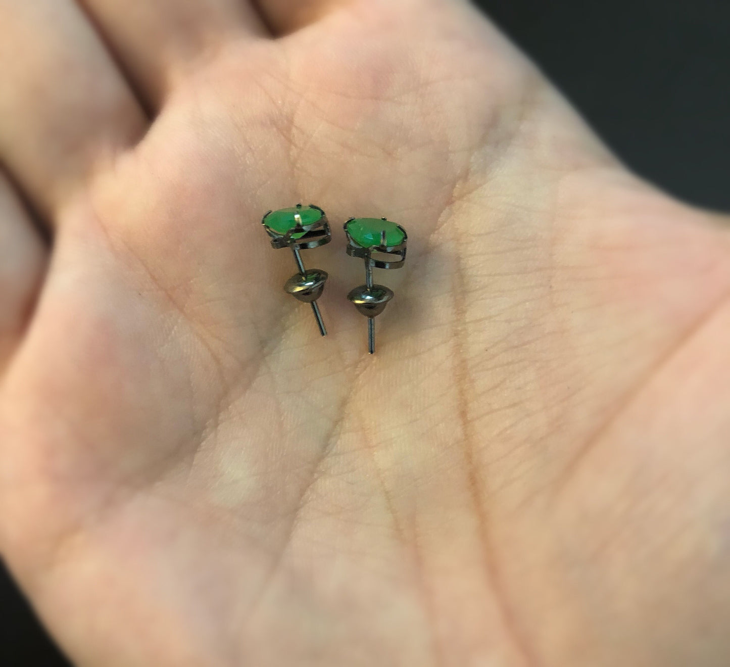 Natural Green Jade Stone Heart Shaped 18k Black Rhodium | Push Backs Stud for Teens and Women